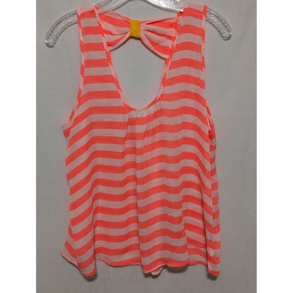 Wishful Park Womens XL Neon Coral White Striped Bow Back Sleeveless Chiffon Top